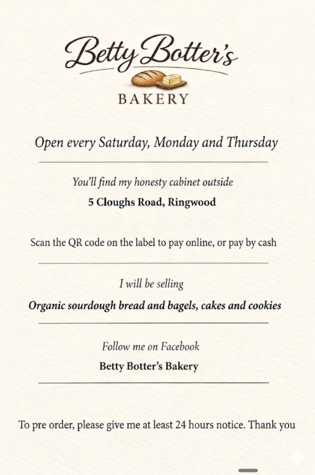 Betty Botter's Bakery — opening days, address and how to pay