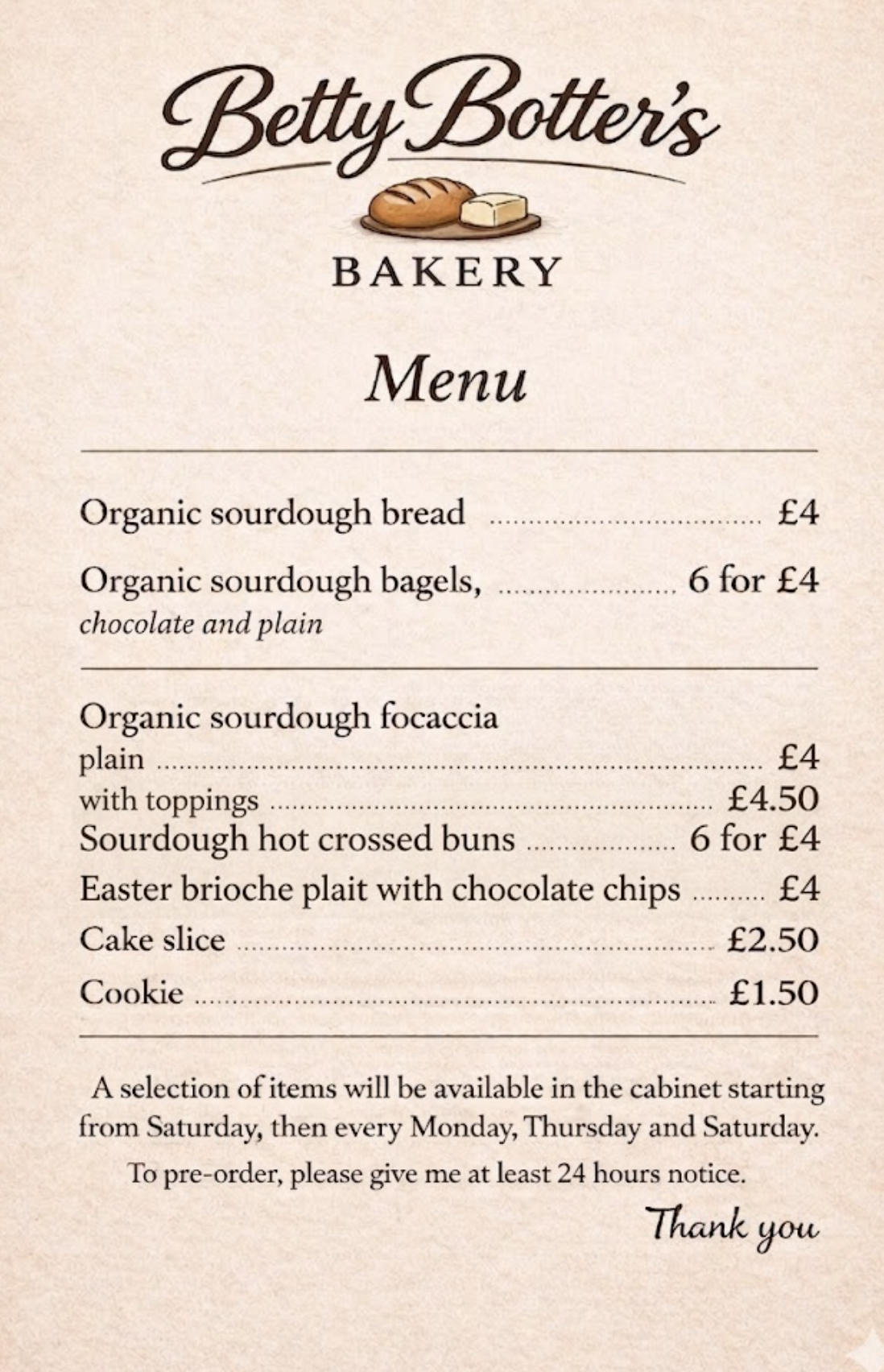 Betty Botter's menu for this week